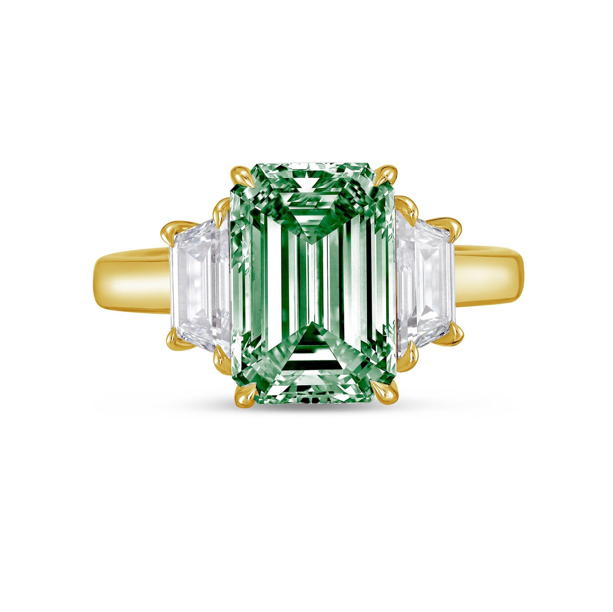 Lab-Grown Green Emerald Cut Three-Stone Ring with Trapezoids in 14K Yellow Gold