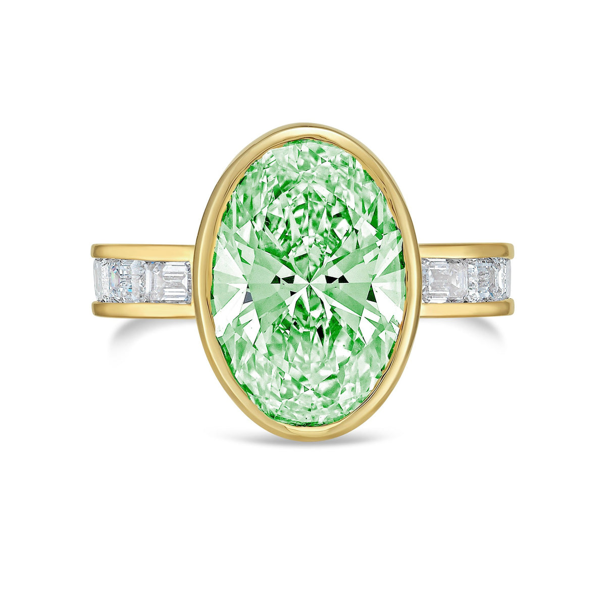 Lab-Grown Green Oval Bezel Diamond Ring with Channel-Set Emerald Band in 14K Yellow Gold