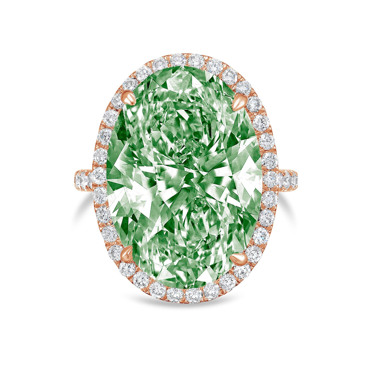 Lab-Grown Green Oval Diamond Halo Ring with Micropavé Band in 14K Rose Gold