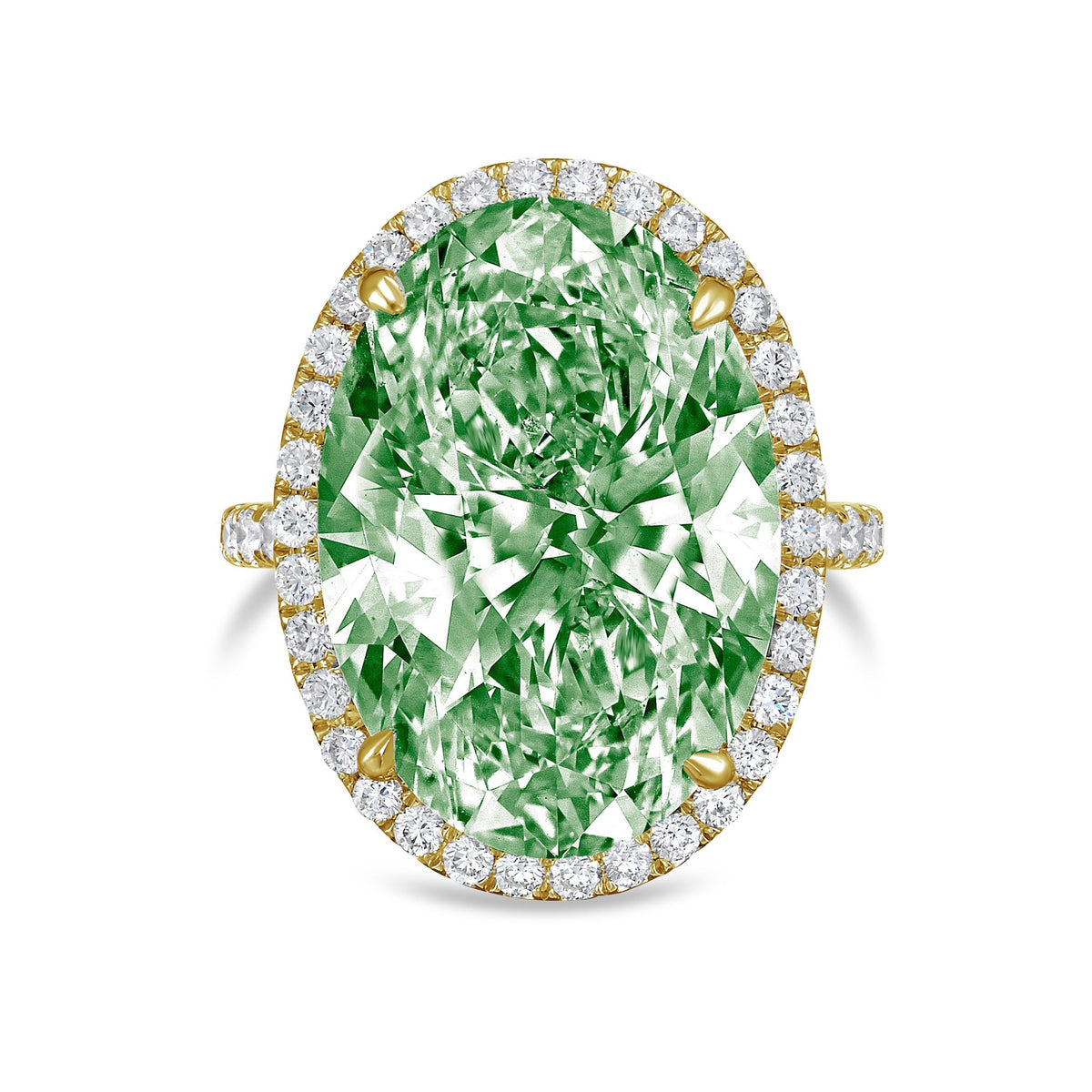 Lab-Grown Green Oval Diamond Halo Ring with Micropavé Band in 14K Yellow Gold