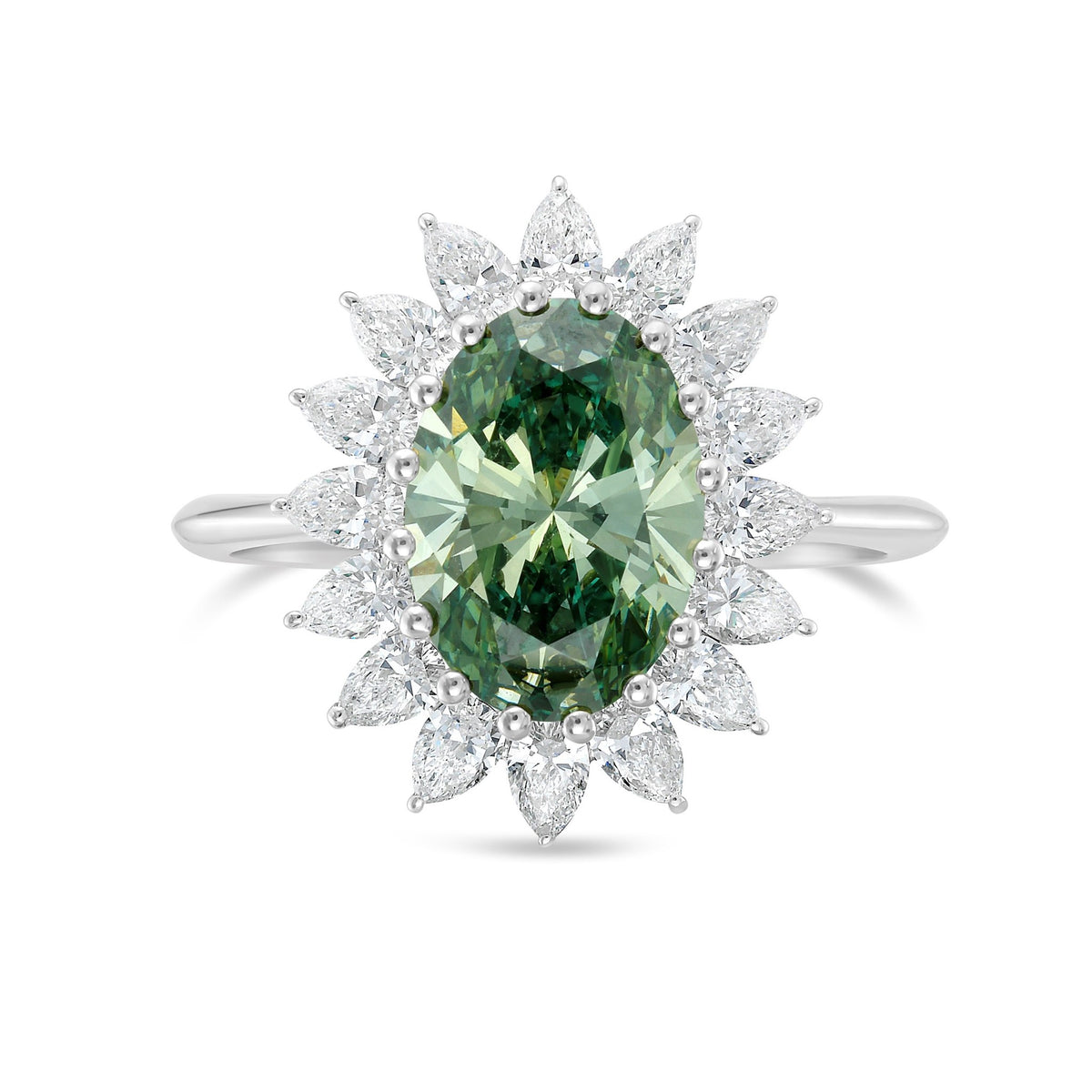 Lab-Grown Green Oval Diamond Ring with Pear Diamond Halo in 14K White Gold