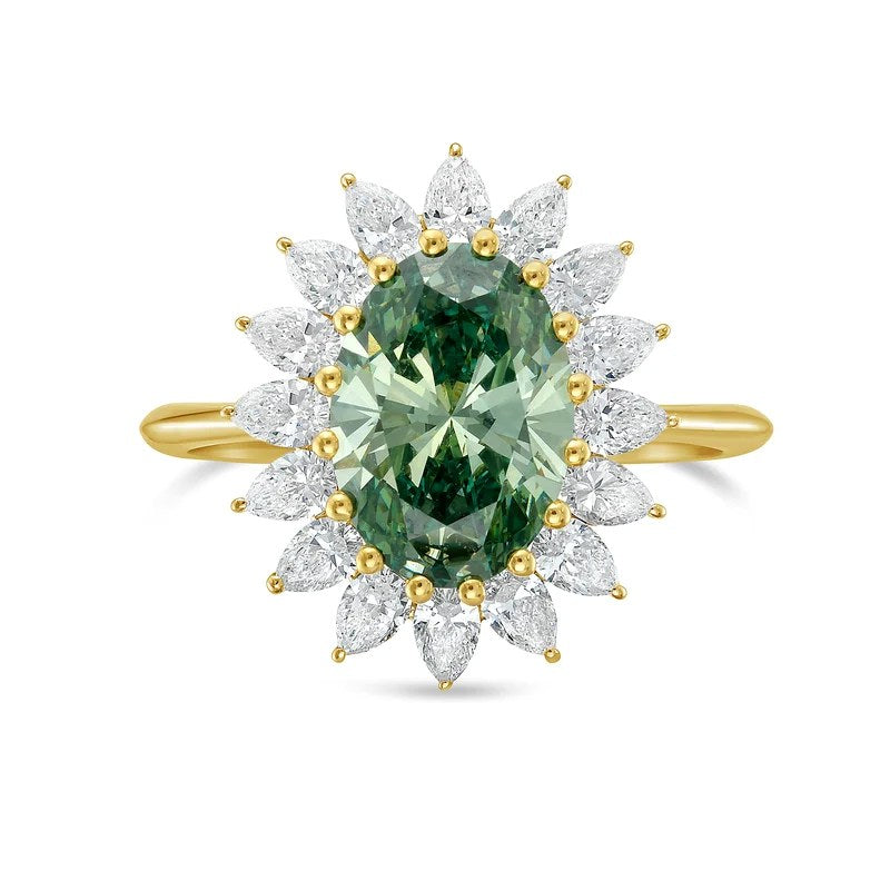 Lab-Grown Green Oval Diamond Ring with Pear Diamond Halo in 14K Yellow Gold