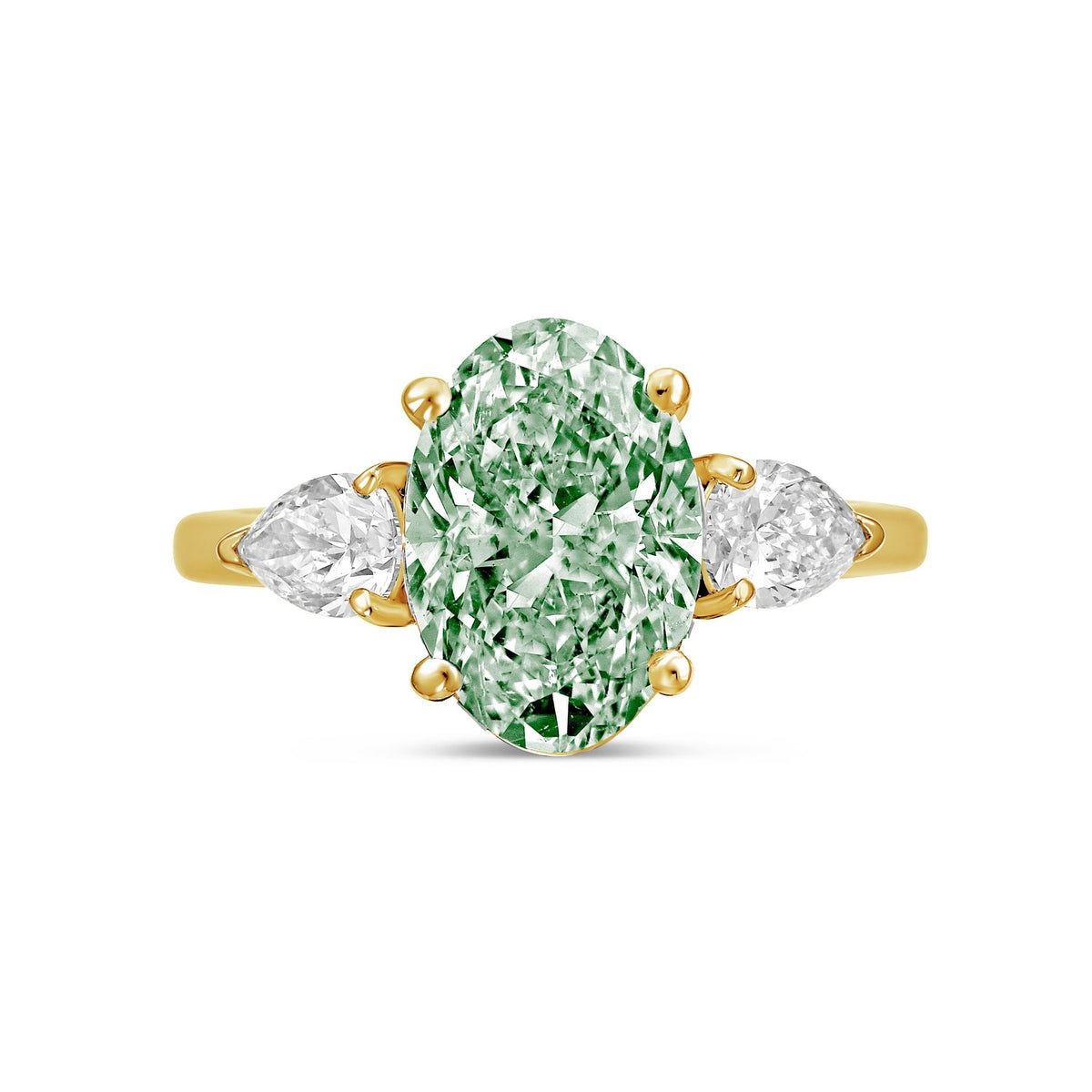 Lab-Grown Green Oval Diamond Ring with Pear Sides in 14K Yellow Gold