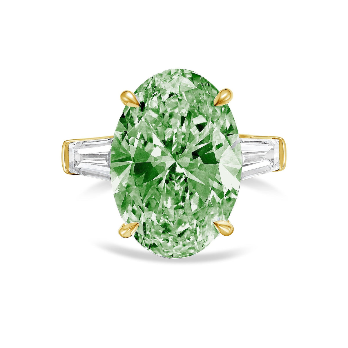 Lab-Grown Green Oval Diamond Ring with Tapered Baguettes in 14K Yellow Gold