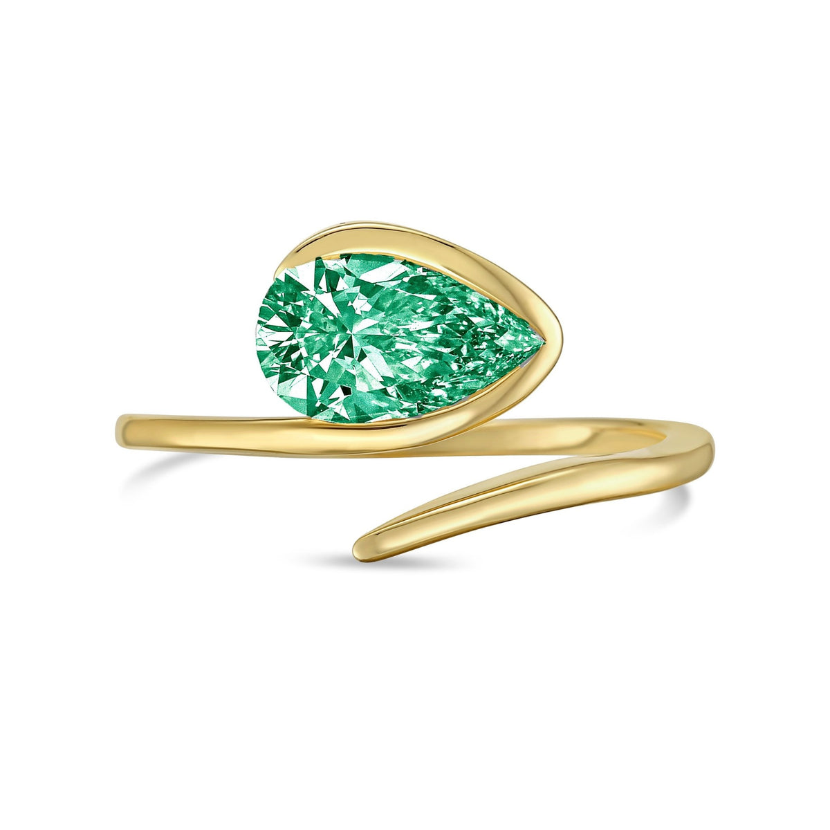 Lab-Grown Green Pear Diamond Bypass Ring with Open Band in 14K Yellow Gold