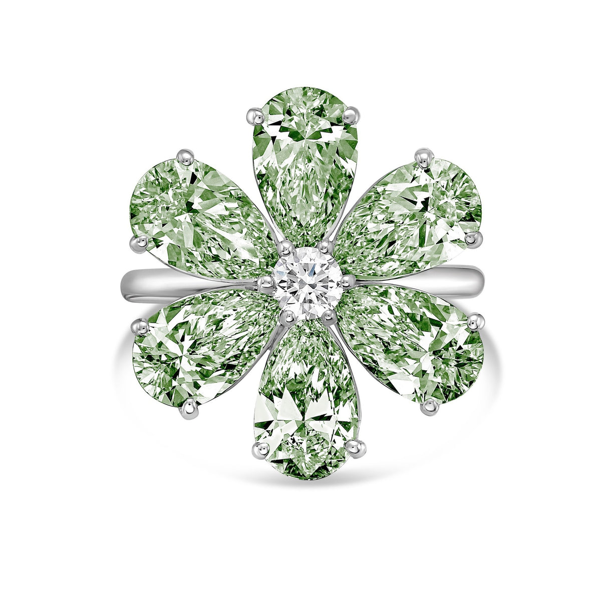 Lab-Grown Green Pear Diamond Flower Ring in 14K White Gold