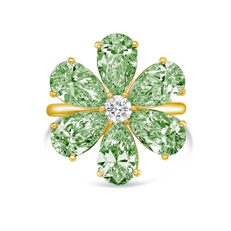 Lab-Grown Green Pear Diamond Flower Ring in 14K Yellow Gold
