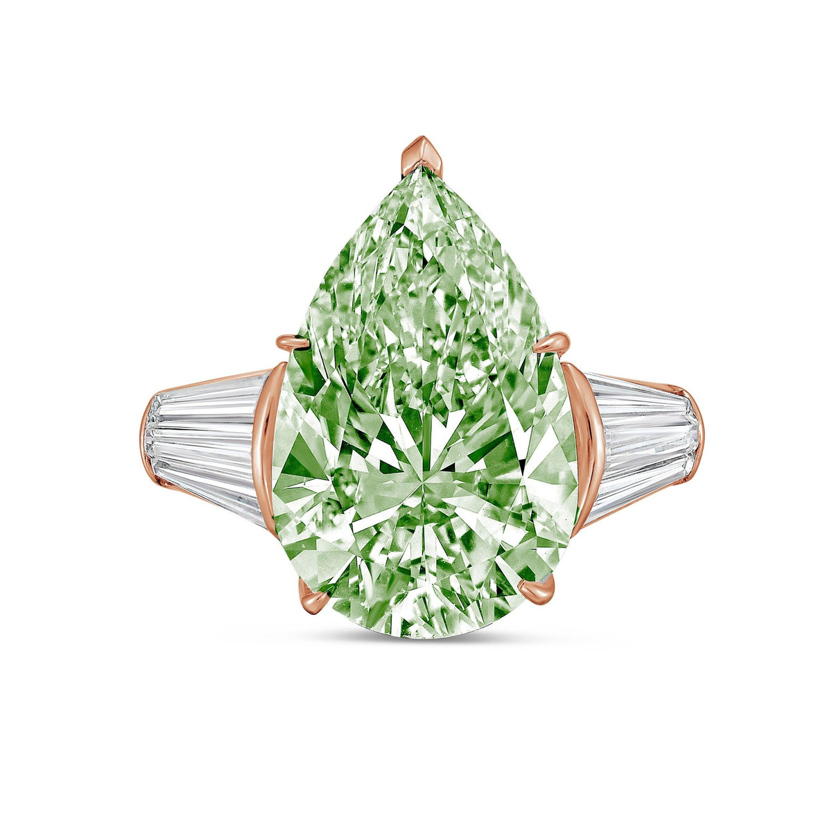 Lab-Grown Green Pear Diamond Ring with Two Baguettes in 14K Rose Gold