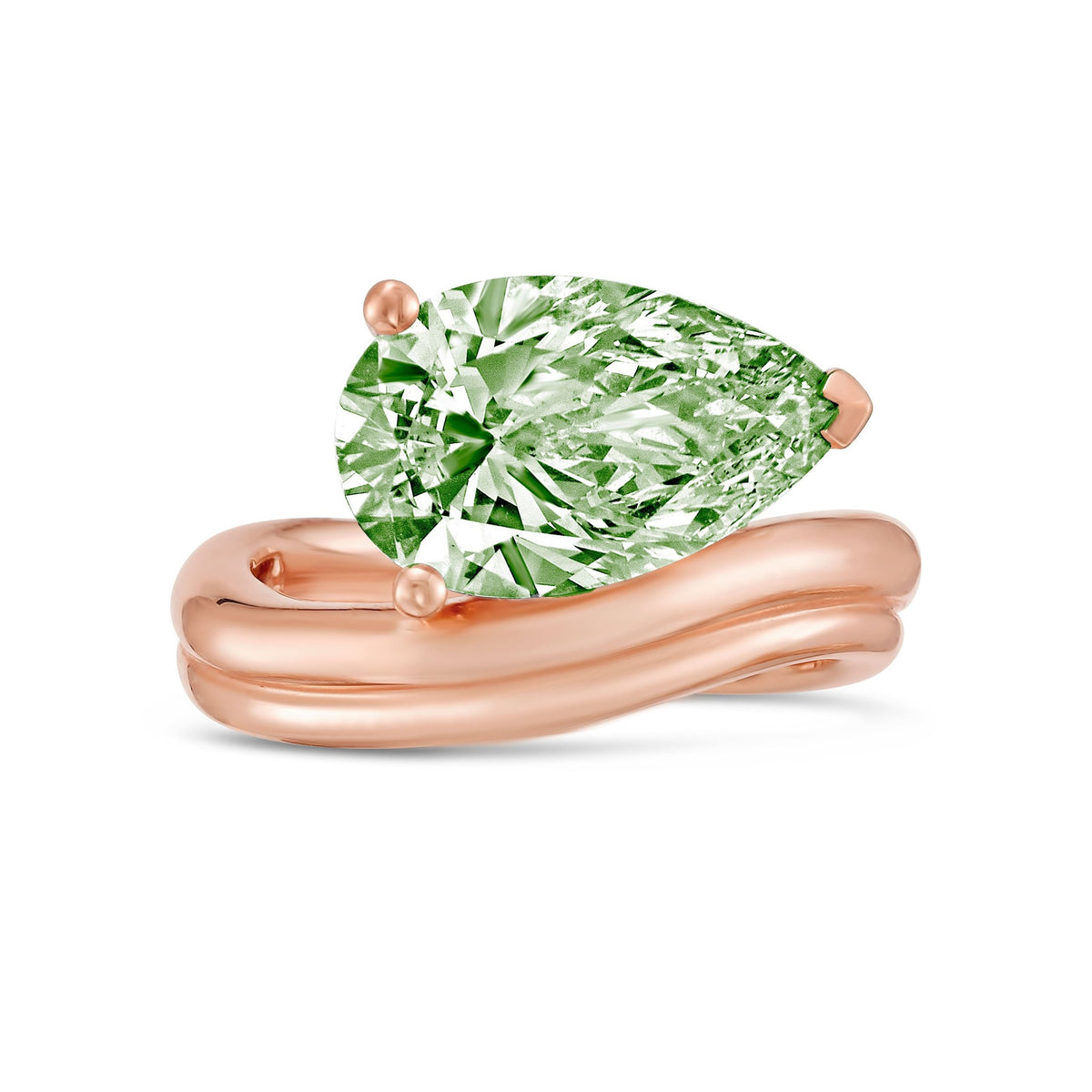Lab-Grown Green Pear Diamond Ring with Wavy Band in 14K Rose Gold