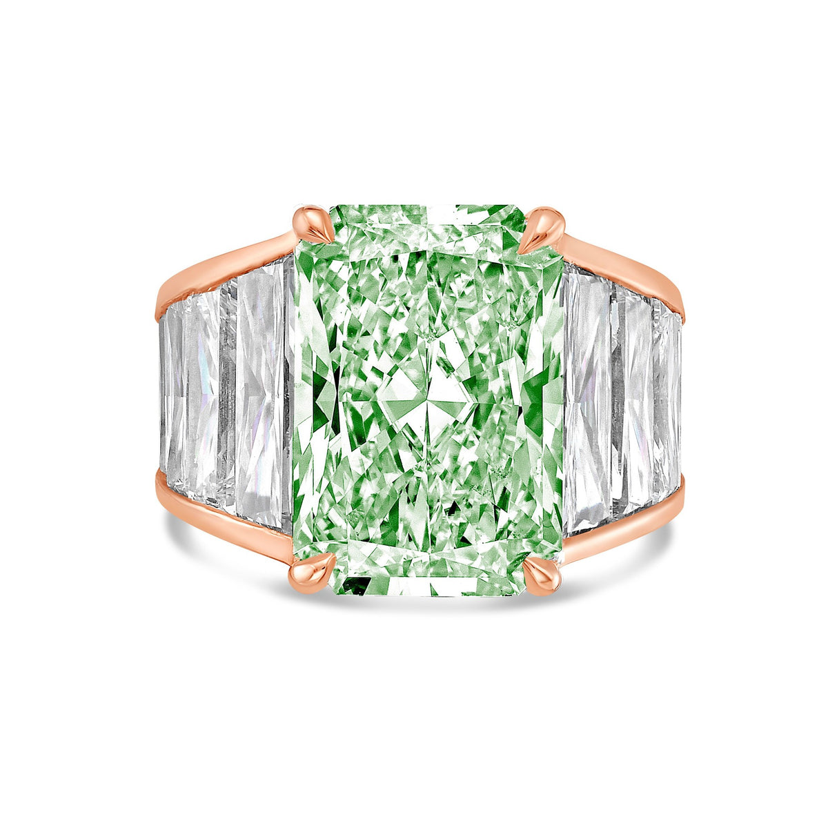 Lab-Grown Green Radiant Cut Diamond Ring with Tapered Baguettes in 14K Rose Gold