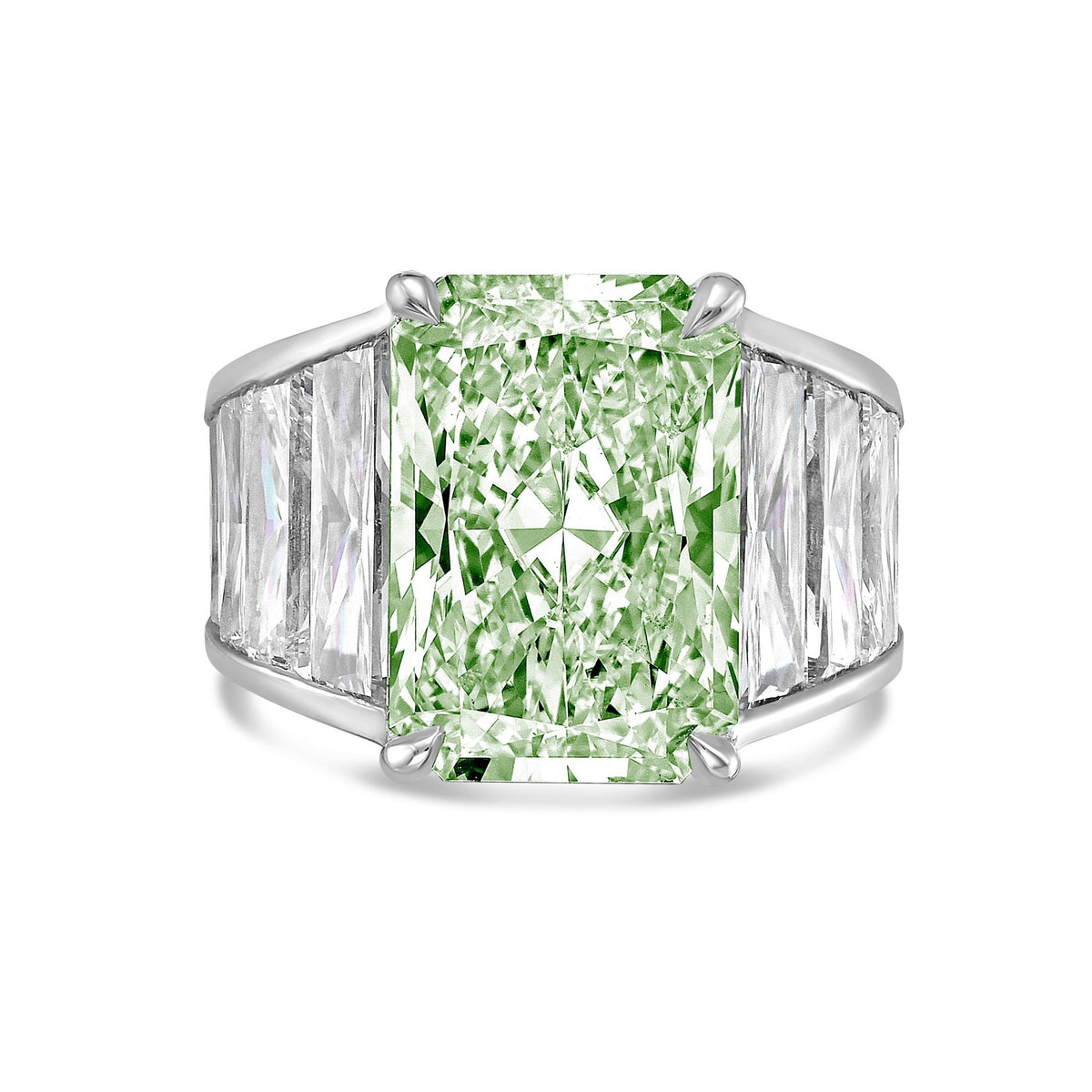 Lab-Grown Green Radiant Cut Diamond Ring with Tapered Baguettes in 14K White Gold