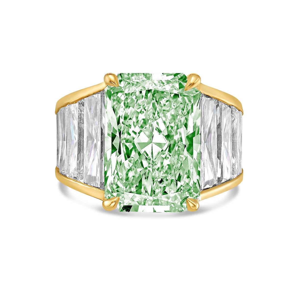 Lab-Grown Green Radiant Cut Diamond Ring with Tapered Baguettes in 14K Yellow Gold
