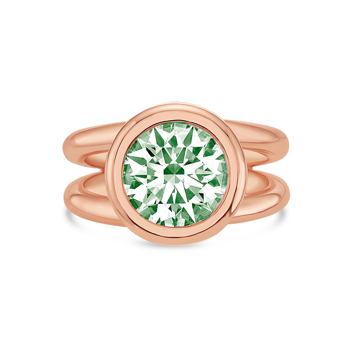 Lab-Grown Green Round Diamond Bezel Ring with Split Shank in 14K Rose Gold