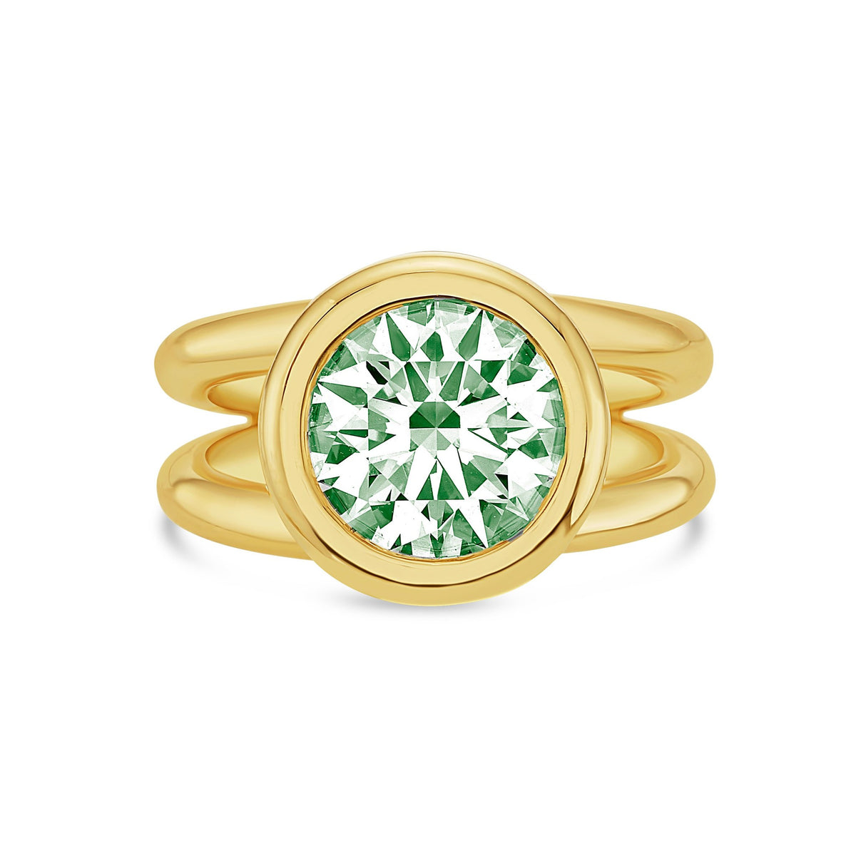 Lab-Grown Green Round Diamond Bezel Ring with Split Shank in 14K Yellow Gold