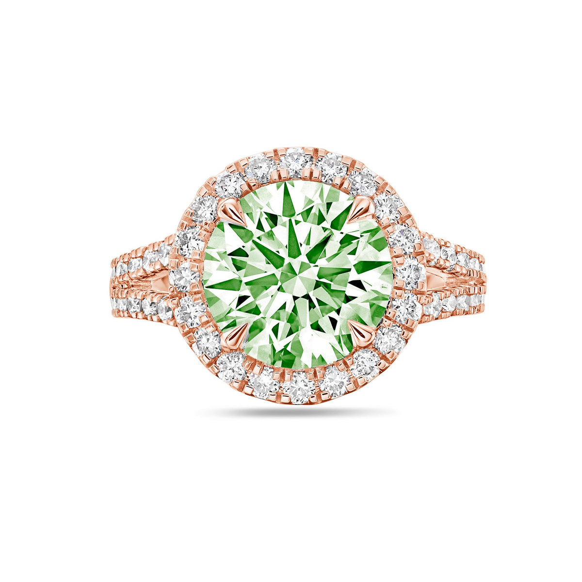 Lab-Grown Green Round Diamond Halo Split Shank Engagement Ring in 14K Rose Gold