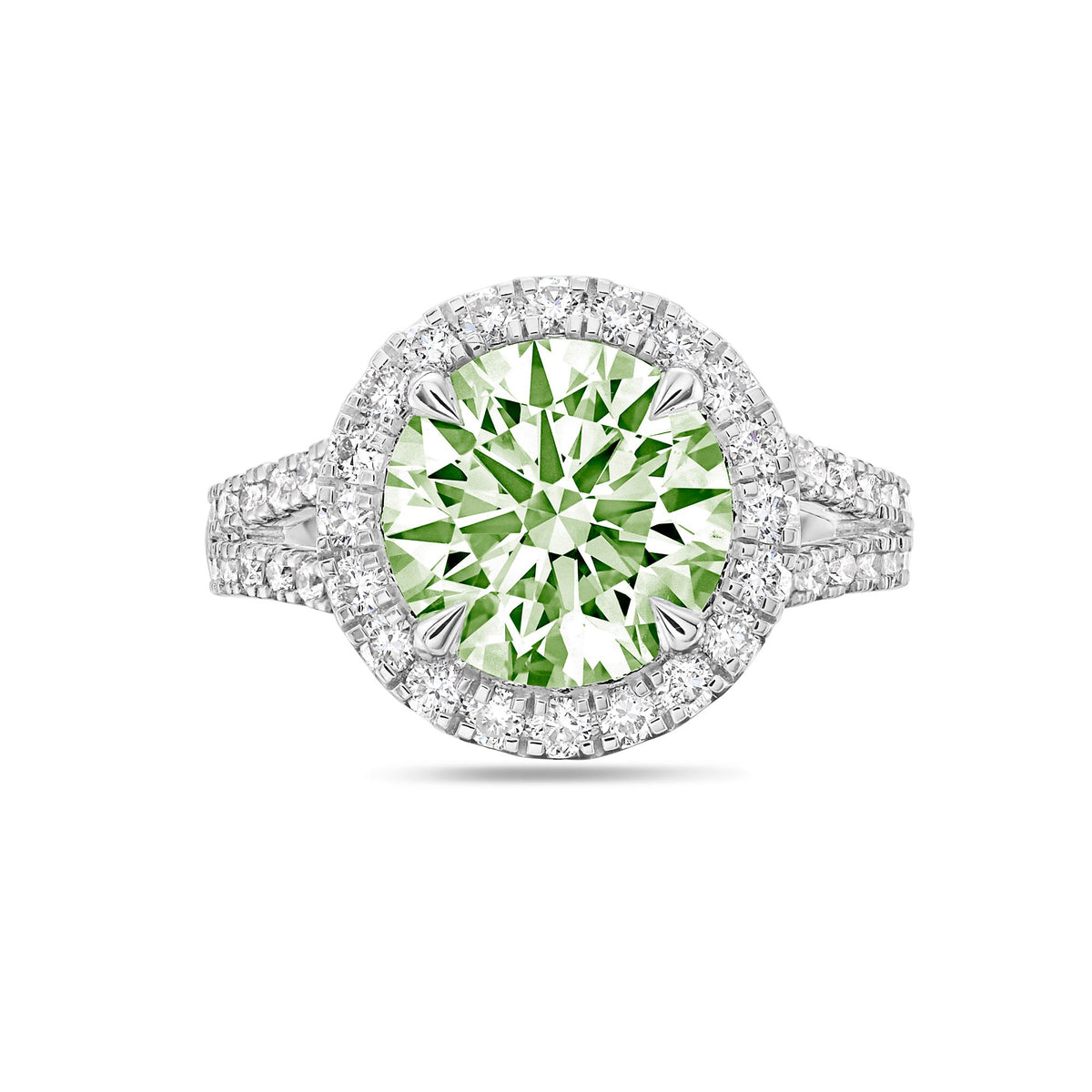 Lab-Grown Green Round Diamond Halo Split Shank Engagement Ring in 14K White Gold