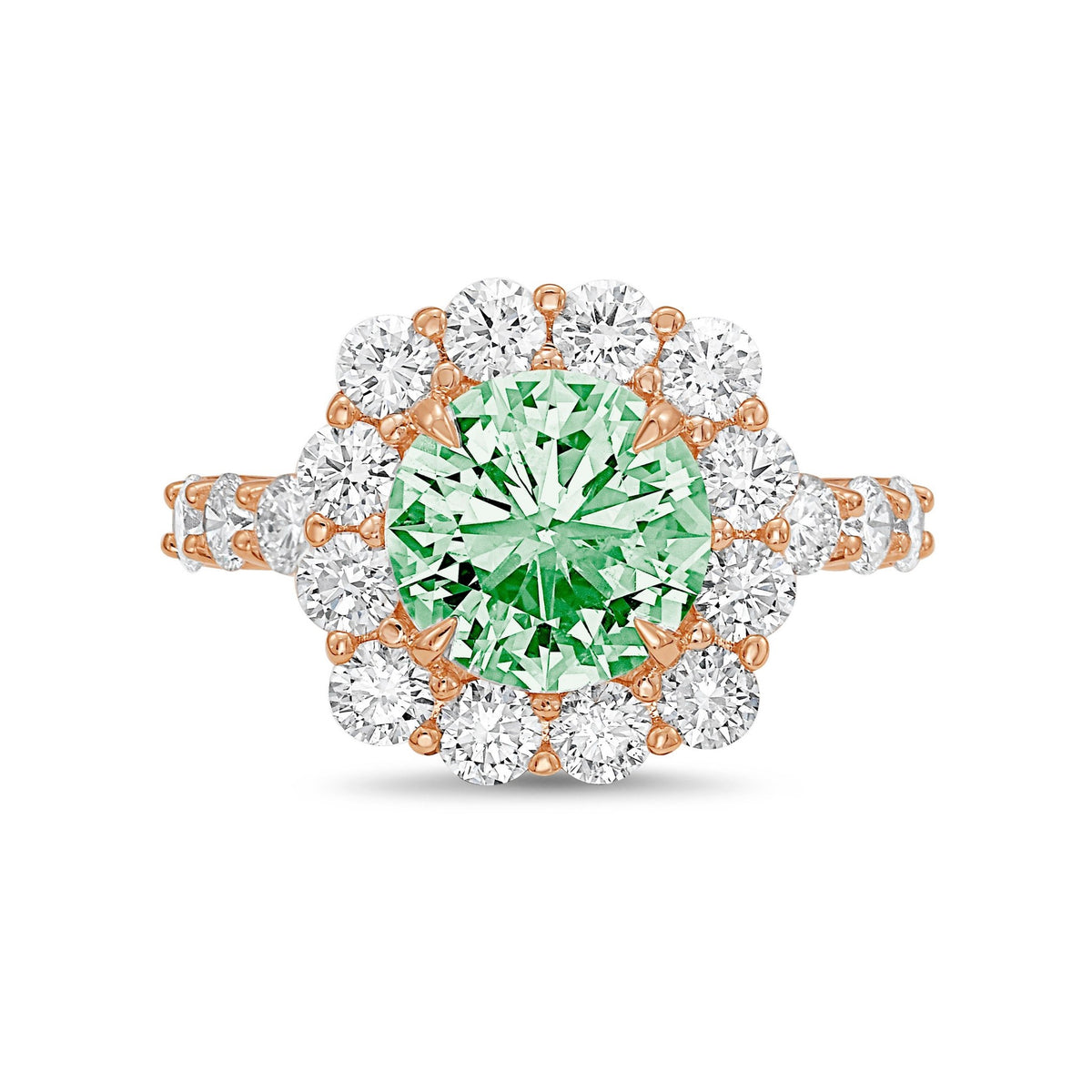 Lab-Grown Green Round Diamond Ring with Accent Halo and Diamond Band in 14K Rose Gold