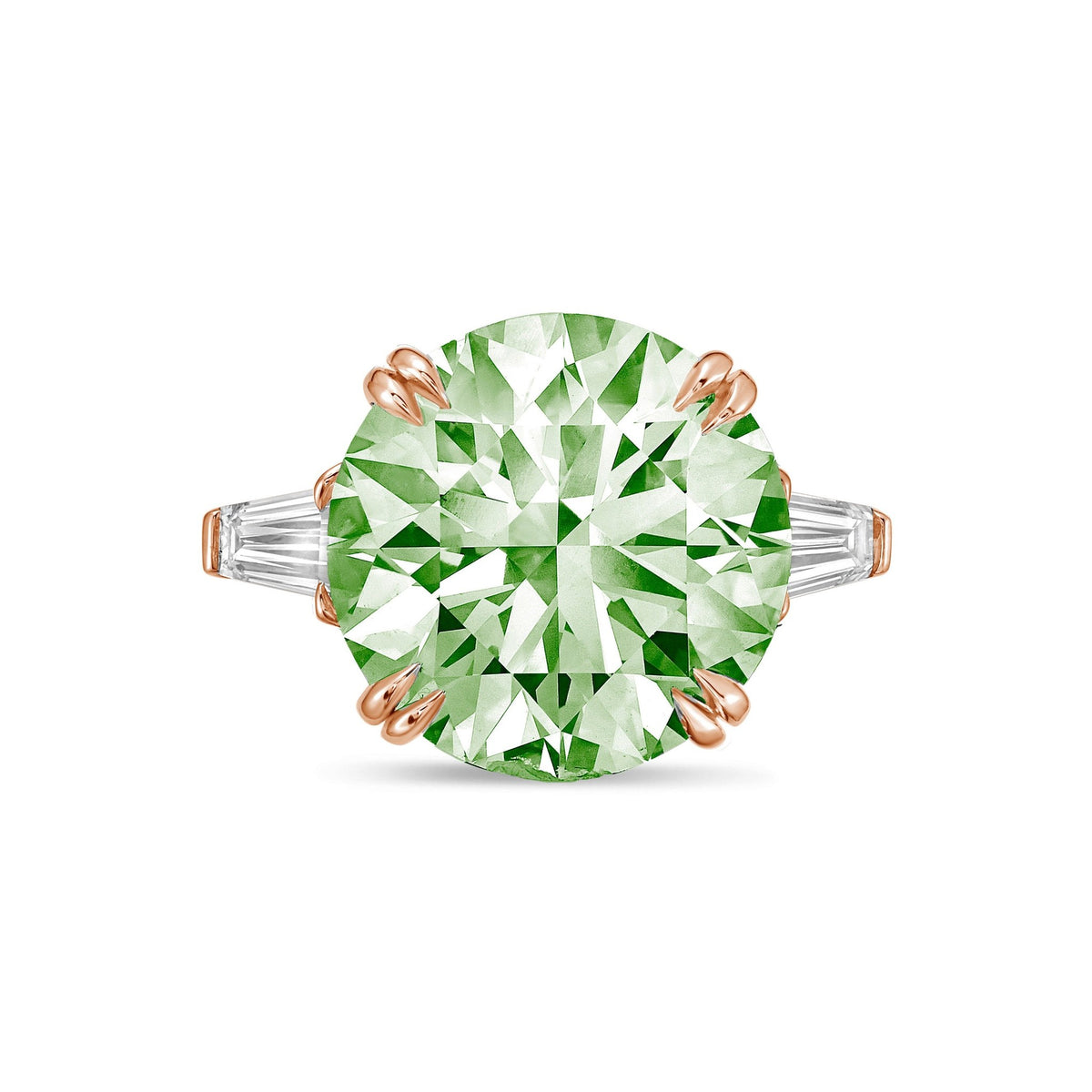 Lab-Grown Green Round Diamond Ring with Baguettes, Double Claw in 14K Rose Gold