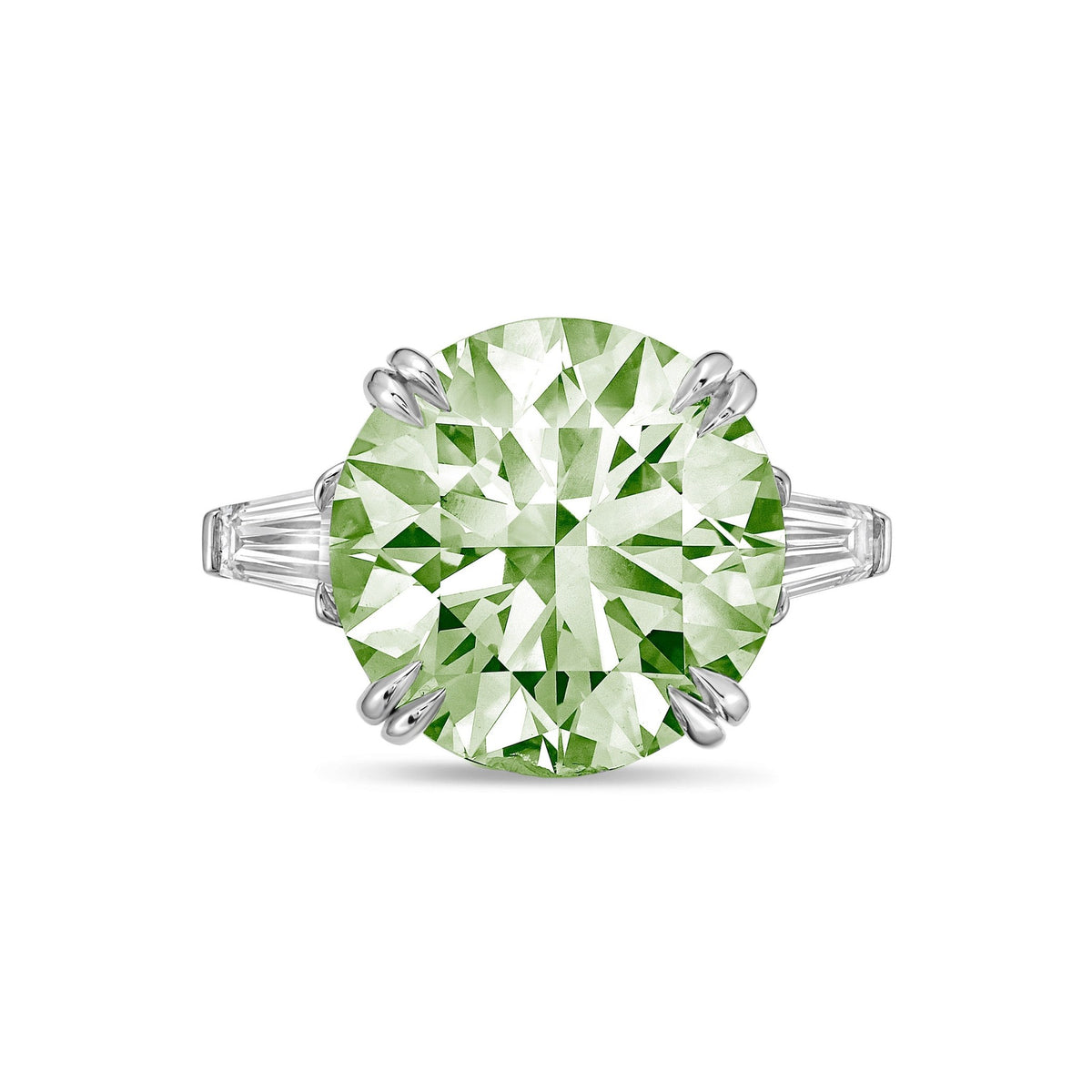 Lab-Grown Green Round Diamond Ring with Baguettes, Double Claw in 14K White Gold
