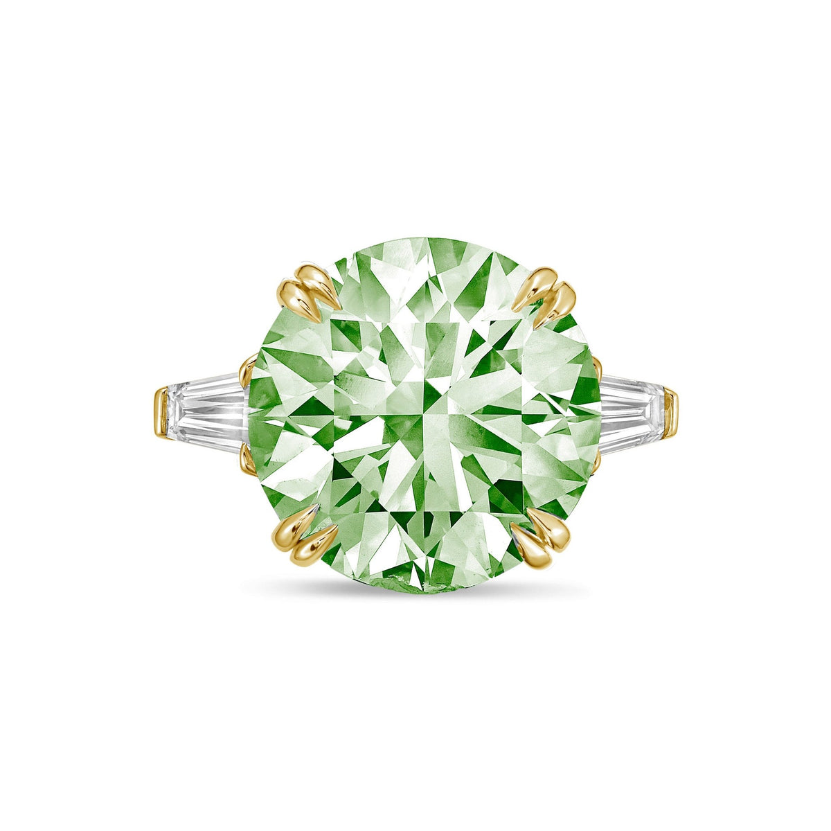 Lab-Grown Green Round Diamond Ring with Baguettes, Double Claw in 14K Yellow Gold