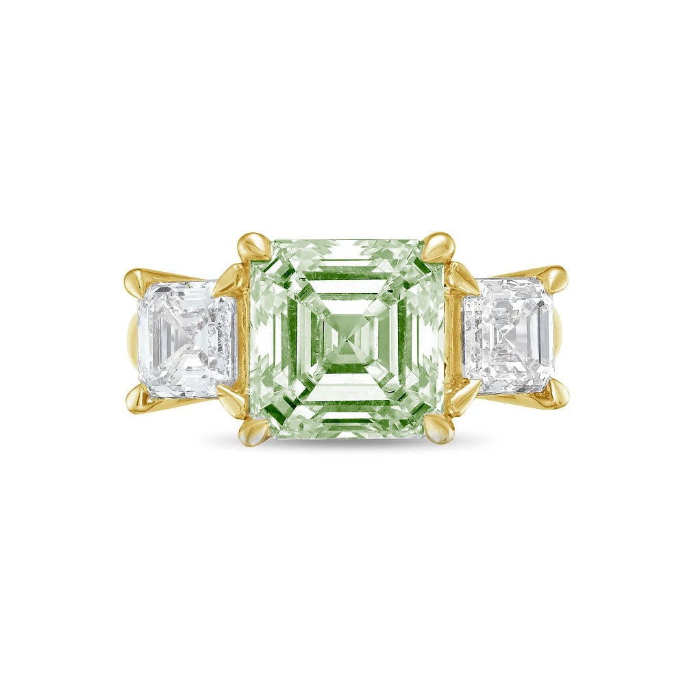 Lab-Grown Green Three-Stone Asscher Diamond Engagement Ring in 14K Yellow Gold