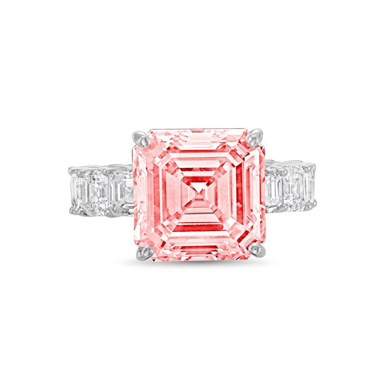 Lab-Grown Pink Asscher Diamond Ring with Asscher Eternity Band in 14K White Gold