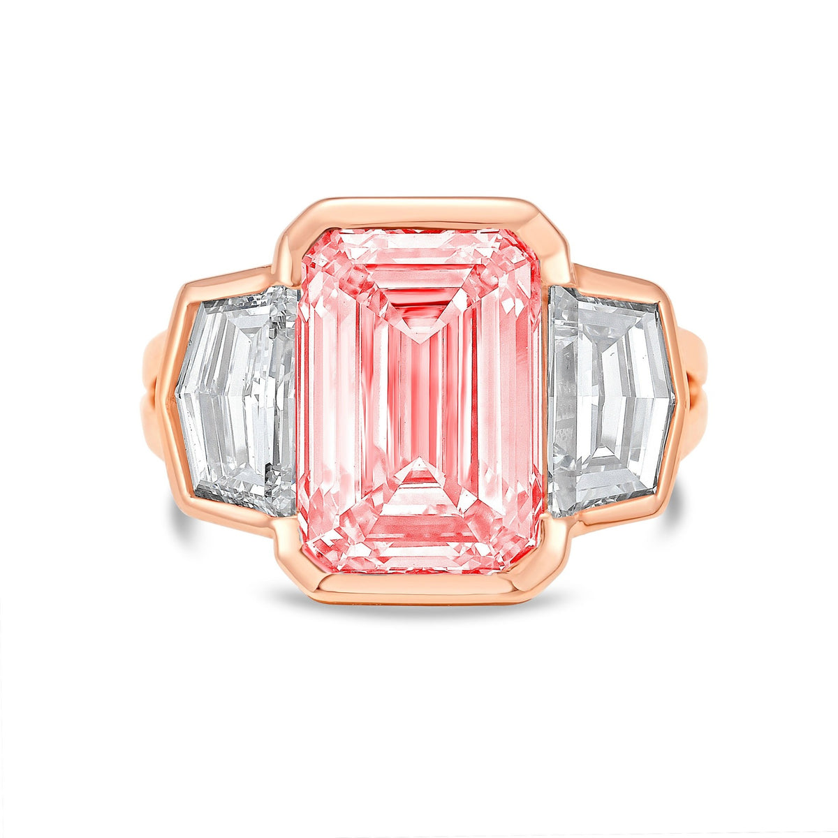 Lab-Grown Pink Emerald Cut Bezel Ring with Cadillac Sides and Split Shank in 14K Rose Gold