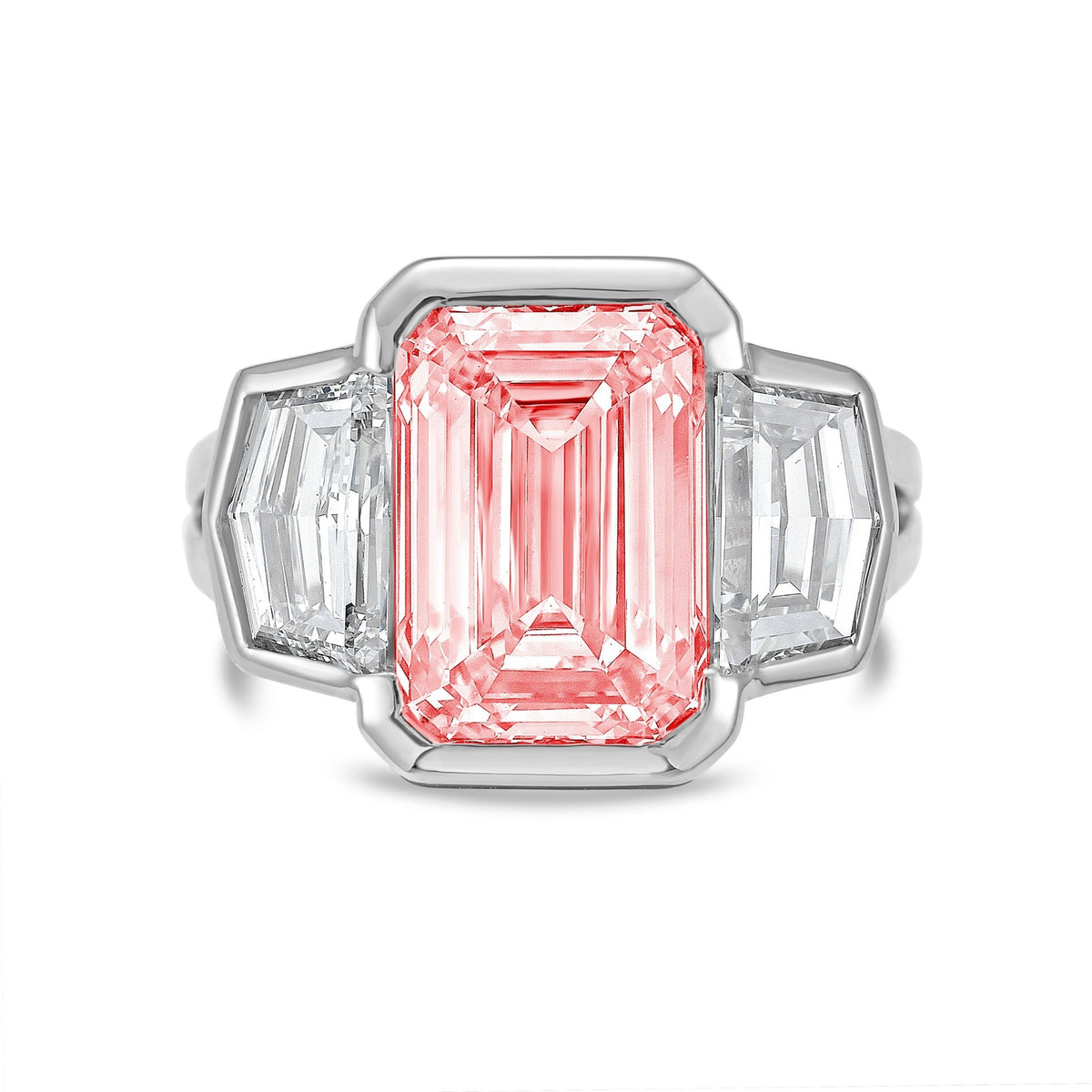 Lab-Grown Pink Emerald Cut Bezel Ring with Cadillac Sides and Split Shank in 14K White Gold