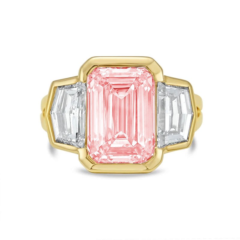 Lab-Grown Pink Emerald Cut Bezel Ring with Cadillac Sides and Split Shank in 14K Yellow Gold