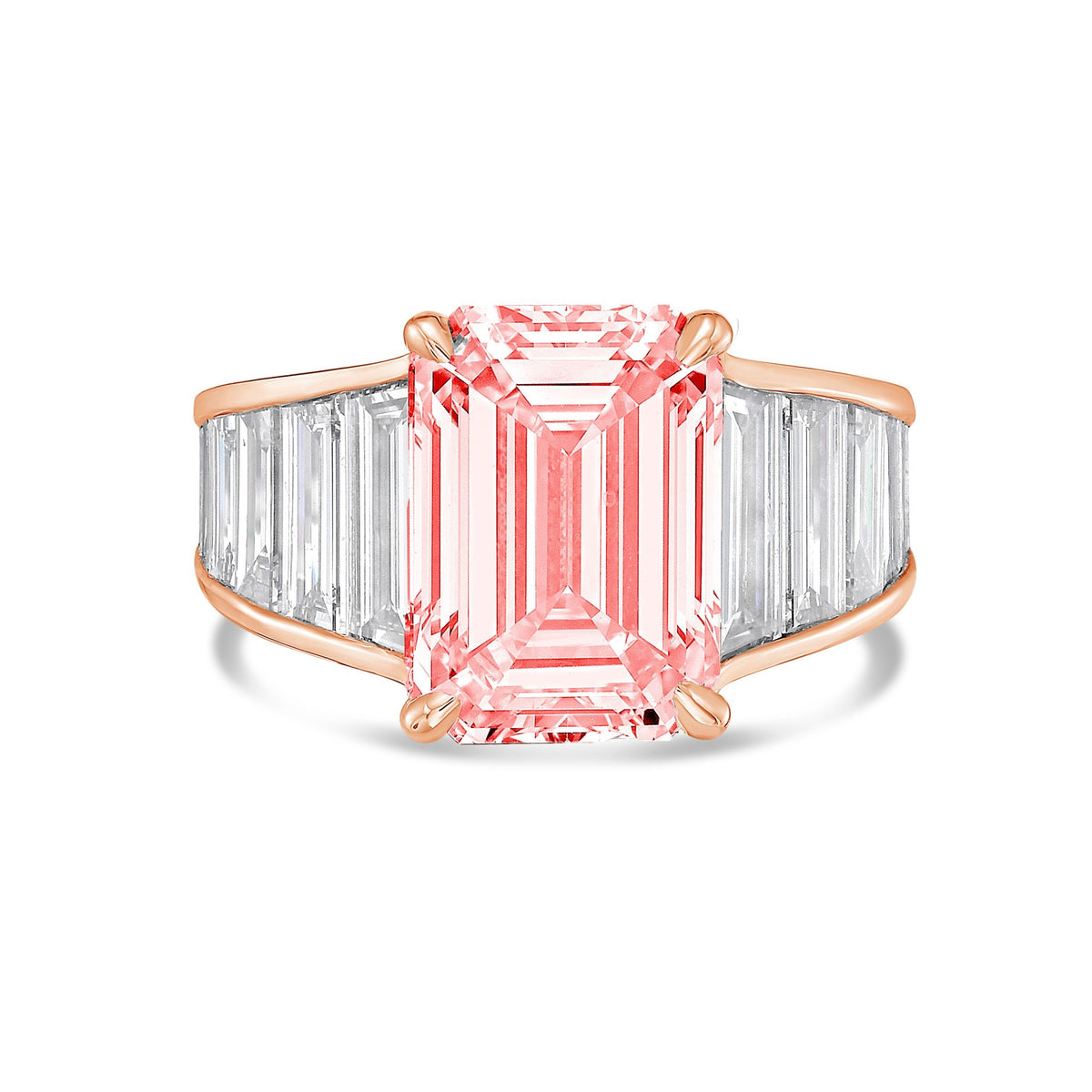 Lab-Grown Pink Emerald Cut Diamond Ring with Baguette Side Stones in 14K Rose Gold