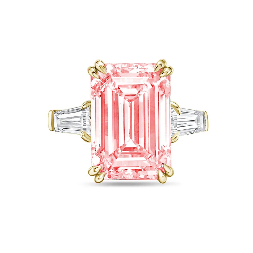 Lab-Grown Pink Emerald Cut Diamond Ring with Baguettes, Double Claw in 14K Yellow Gold