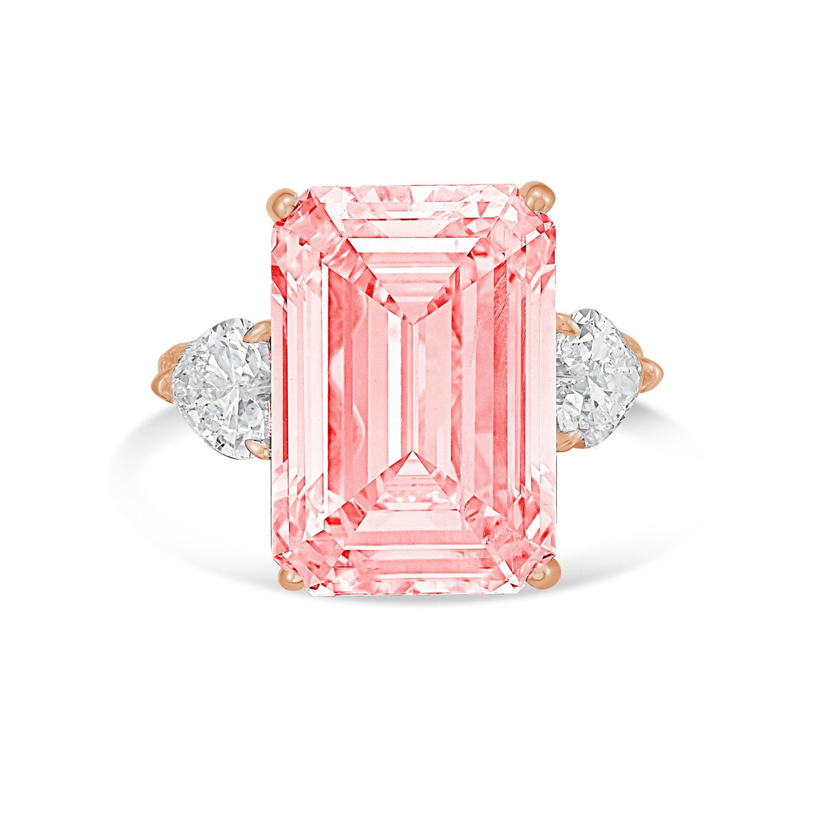 Lab-Grown Pink Emerald Cut Diamond Ring with Heart Sides and Pavé Band in 14K Rose Gold