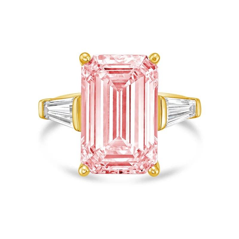 Lab-Grown Pink Emerald Cut Diamond Ring with Long Baguettes in 14K Yellow Gold