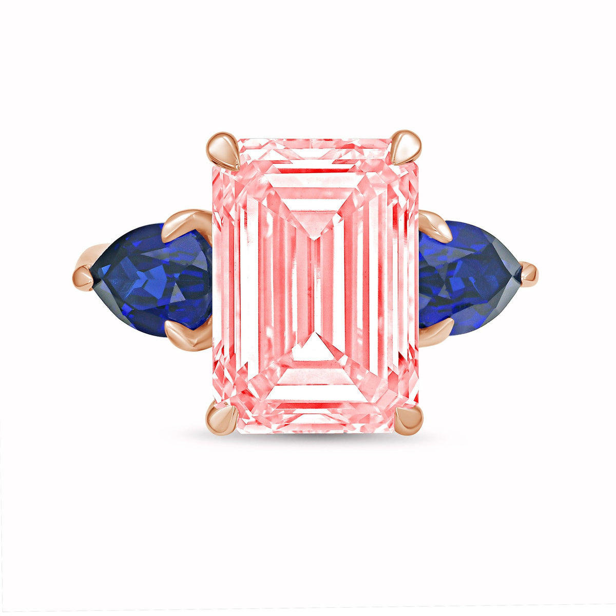 Lab-Grown Pink Emerald Cut Diamond Ring with Pear Sapphire Sides in 14K Rose Gold