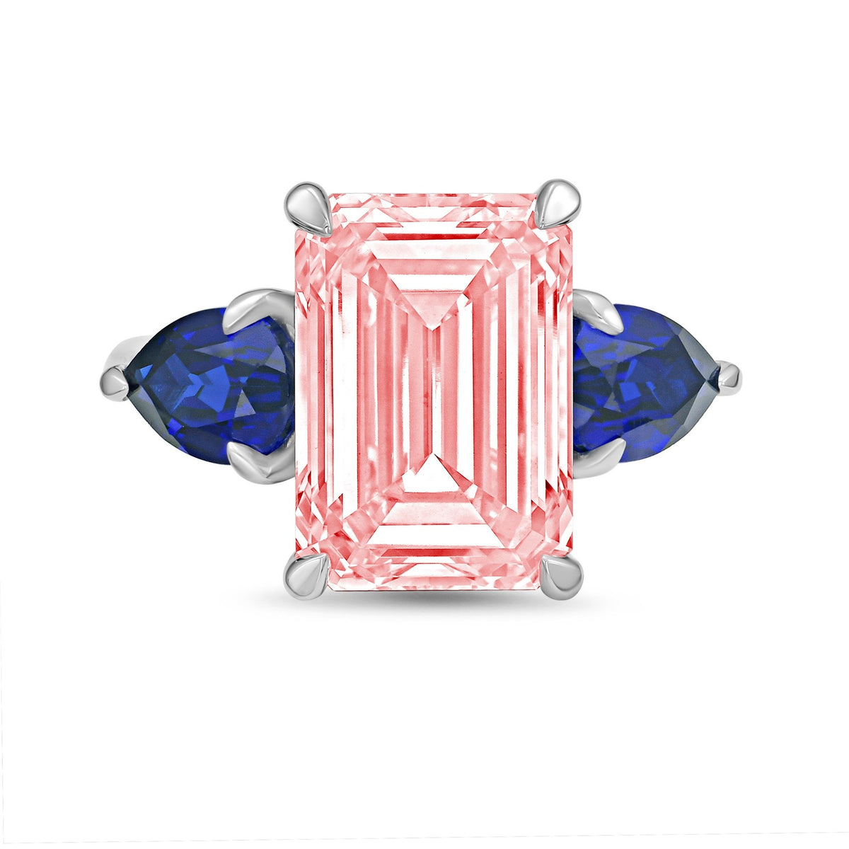 Lab-Grown Pink Emerald Cut Diamond Ring with Pear Sapphire Sides in 14K White Gold