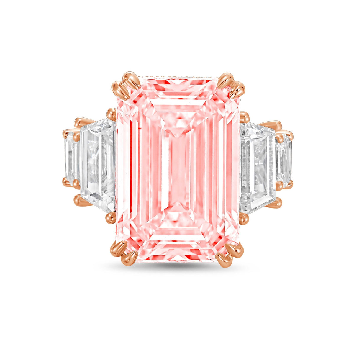 Lab-Grown Pink Emerald Cut Hidden Halo Ring with Trapezoid and Emerald Sides in 14K Rose Gold