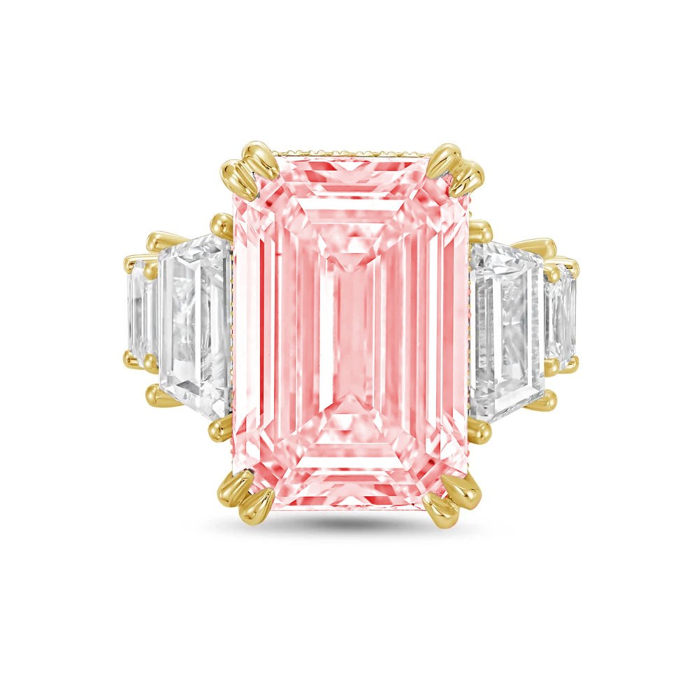 Lab-Grown Pink Emerald Cut Hidden Halo Ring with Trapezoid and Emerald Sides in 14K Yellow Gold