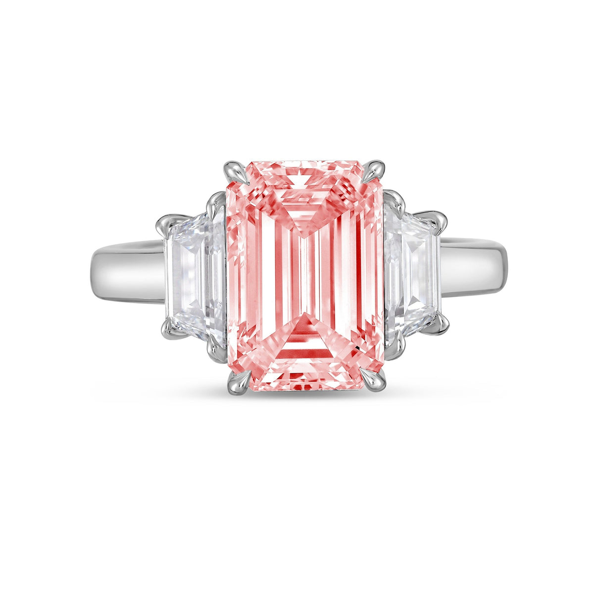 Lab-Grown Pink Emerald Cut Three-Stone Ring with Trapezoids in 14K White Gold