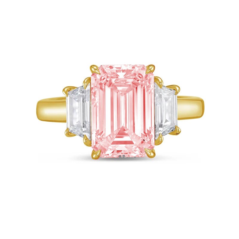 Lab-Grown Pink Emerald Cut Three-Stone Ring with Trapezoids in 14K Yellow Gold