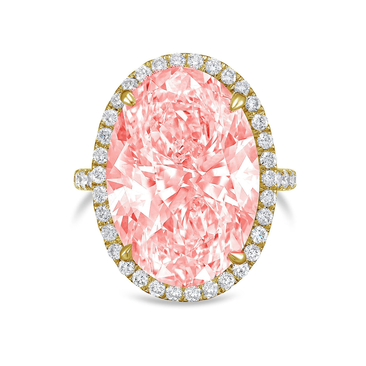 Lab-Grown Pink Oval Diamond Halo Ring with Micropavé Band in 14K Yellow Gold