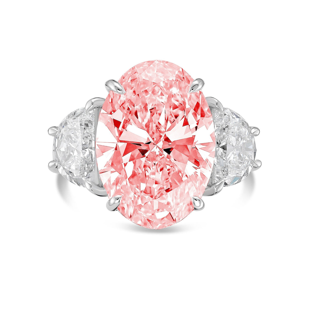 Lab-Grown Pink Oval Diamond Ring with Half Moon Sides in 14K White Gold