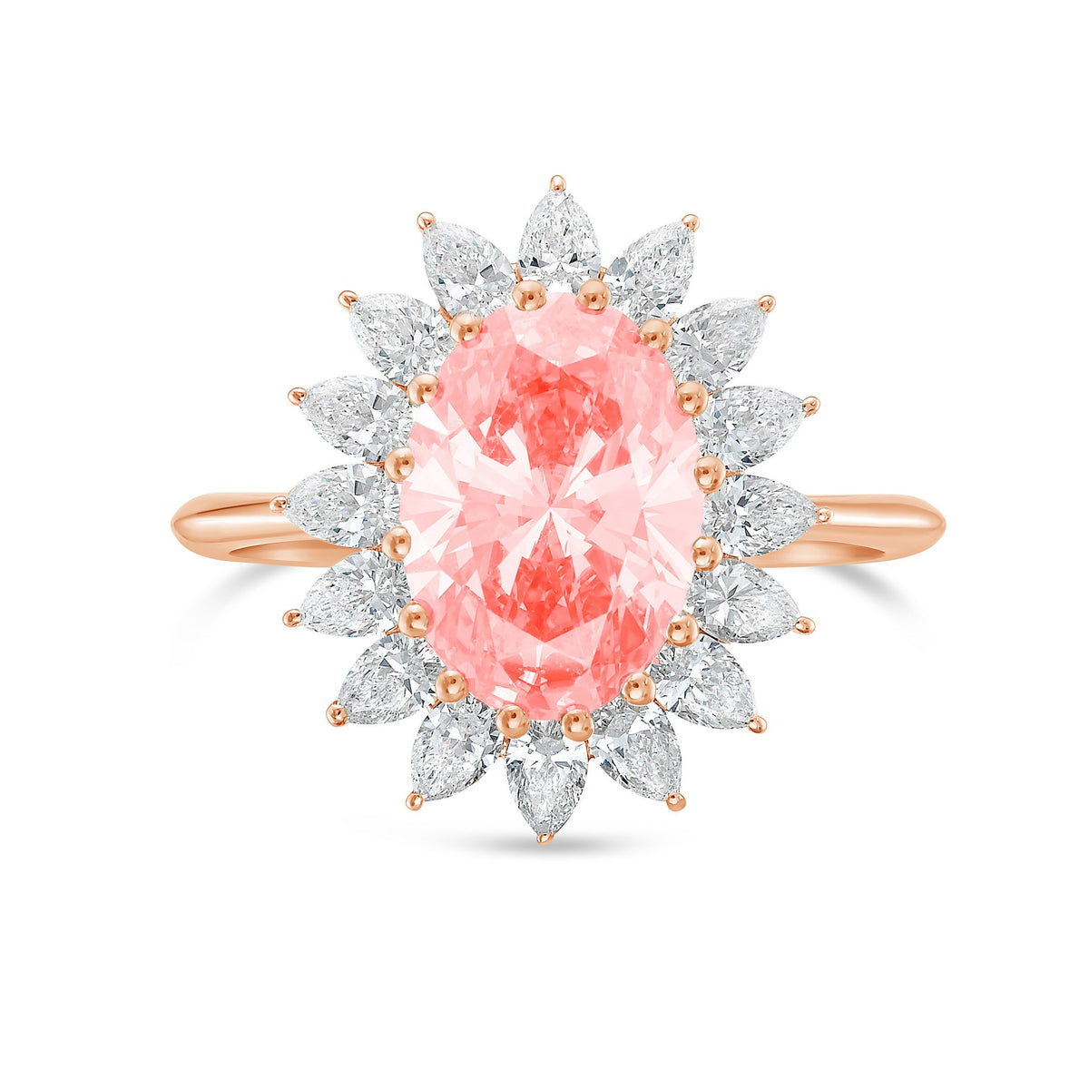 Lab-Grown Pink Oval Diamond Ring with Pear Diamond Halo in 14K Rose Gold