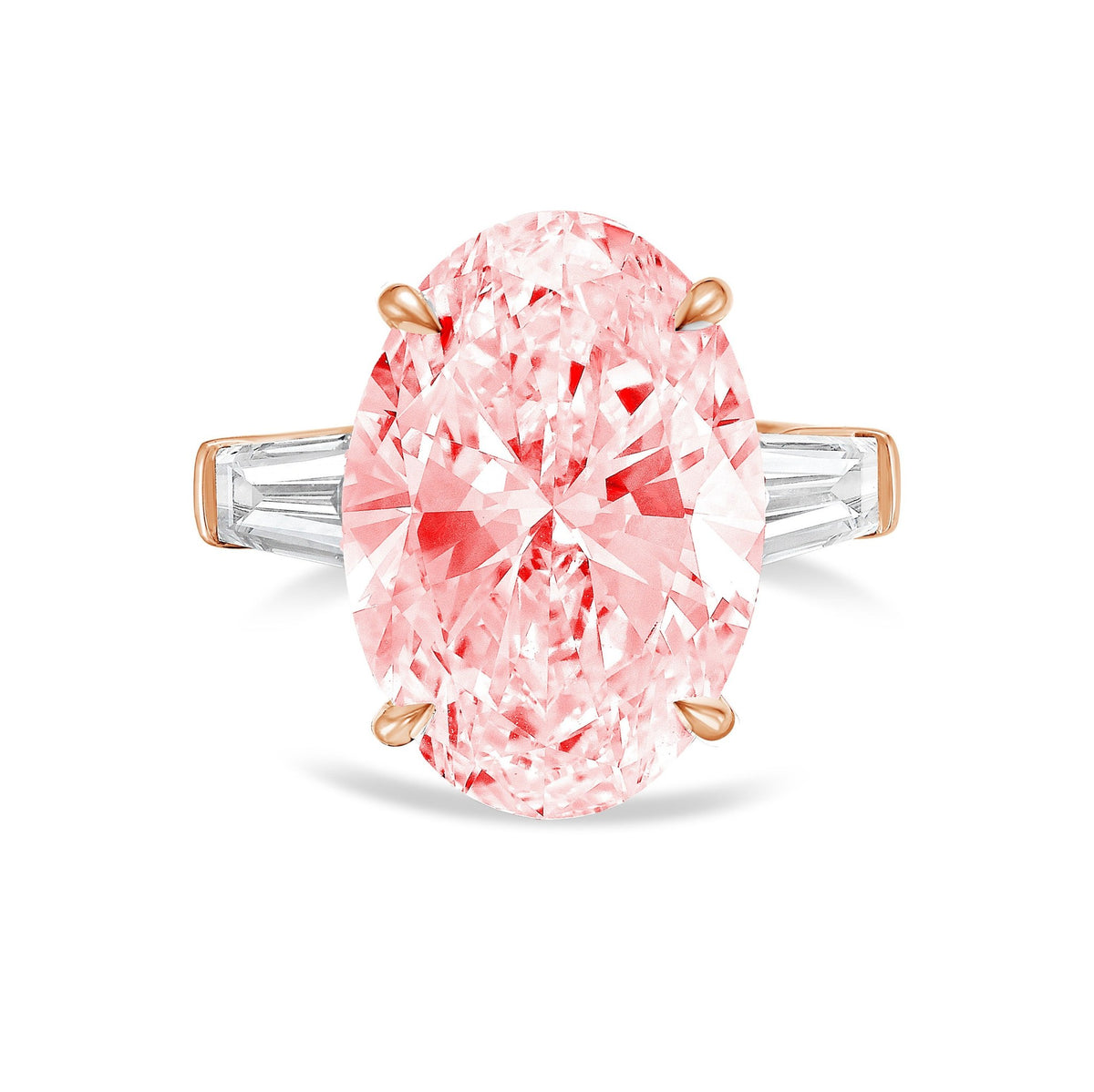 Lab-Grown Pink Oval Diamond Ring with Tapered Baguettes in 14K Rose Gold