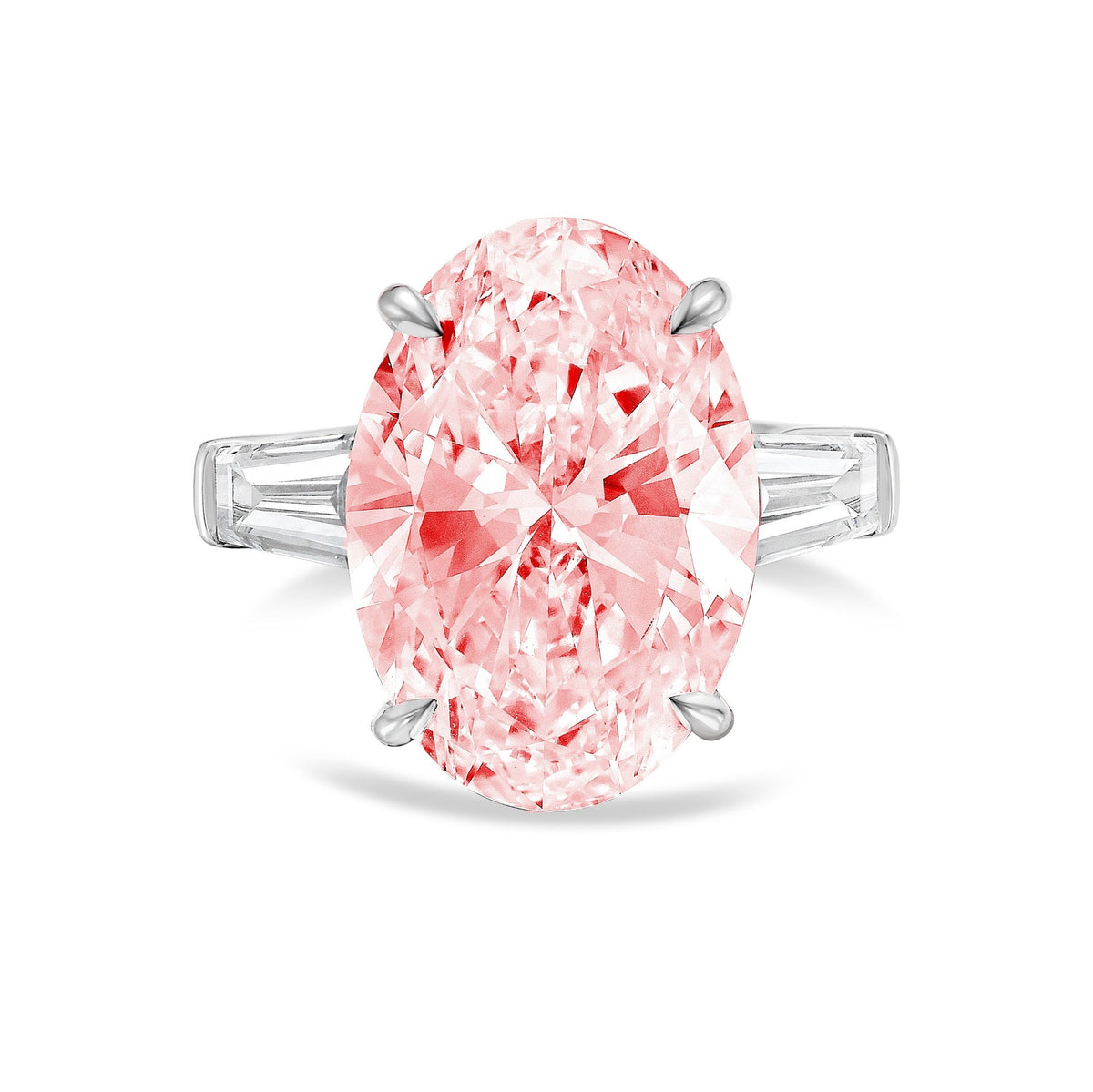 Lab-Grown Pink Oval Diamond Ring with Tapered Baguettes in 14K White Gold