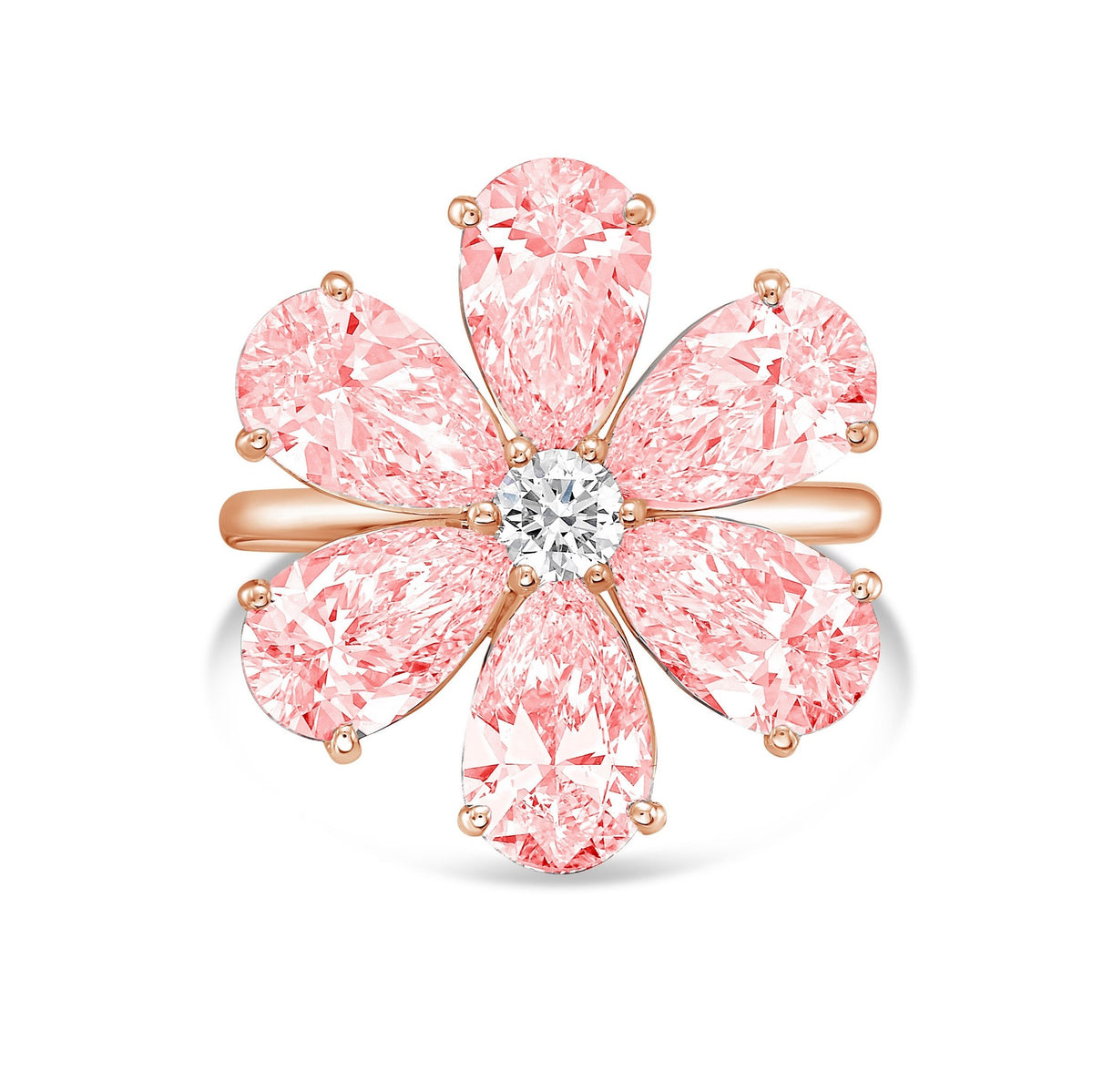 Lab-Grown Pink Pear Diamond Flower Ring in 14K Rose Gold