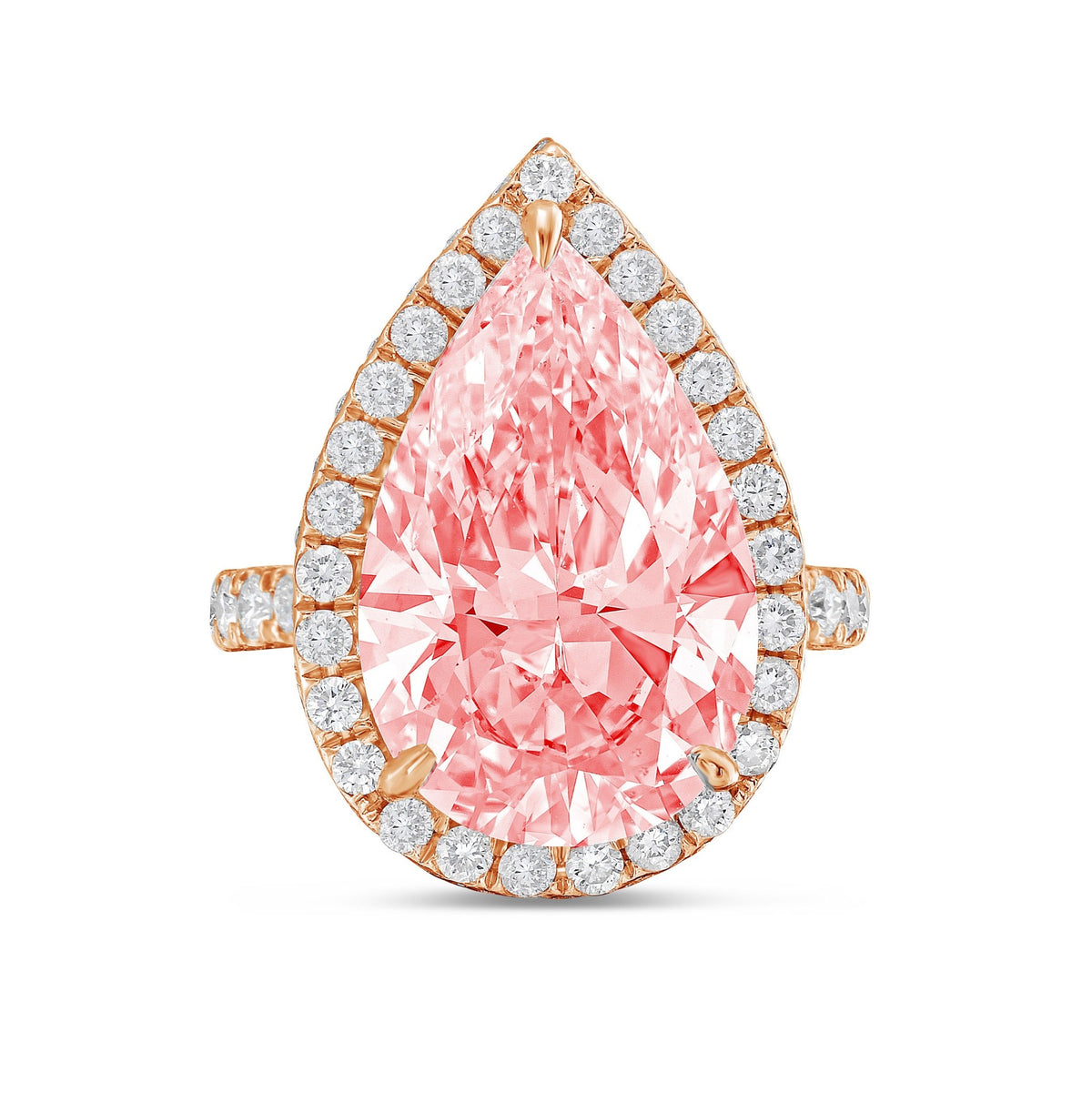 Lab-Grown Pink Pear Diamond Halo Ring with Micropavé Band in 14K Rose Gold