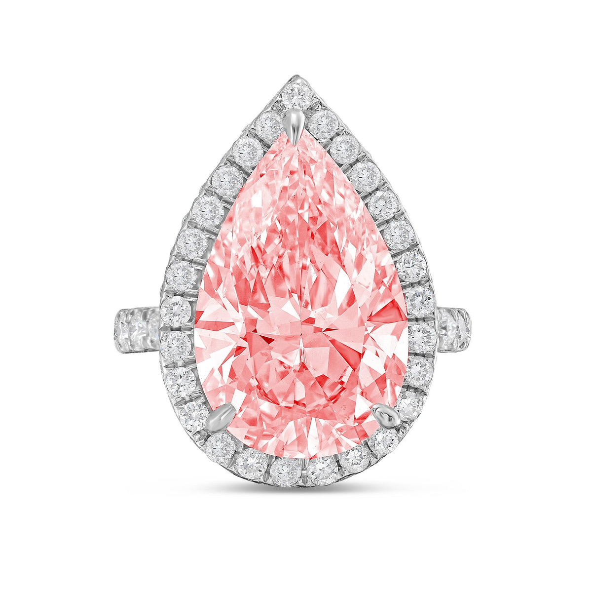 Lab-Grown Pink Pear Diamond Halo Ring with Micropavé Band in 14K White Gold