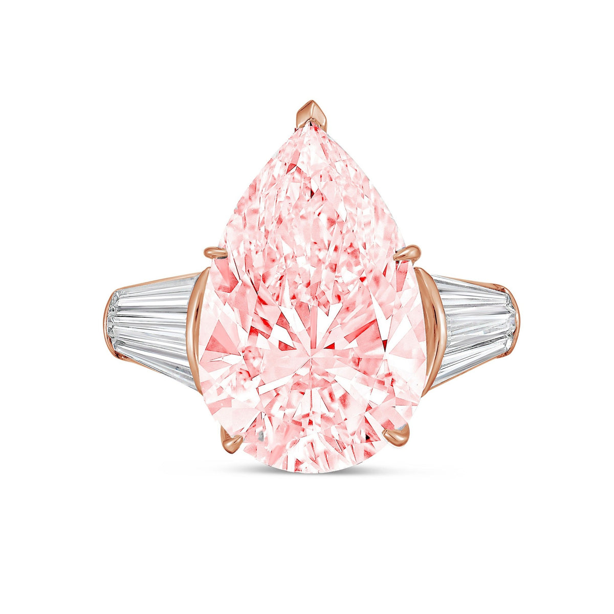 Lab-Grown Pink Pear Diamond Ring with Two Baguettes in 14K Rose Gold