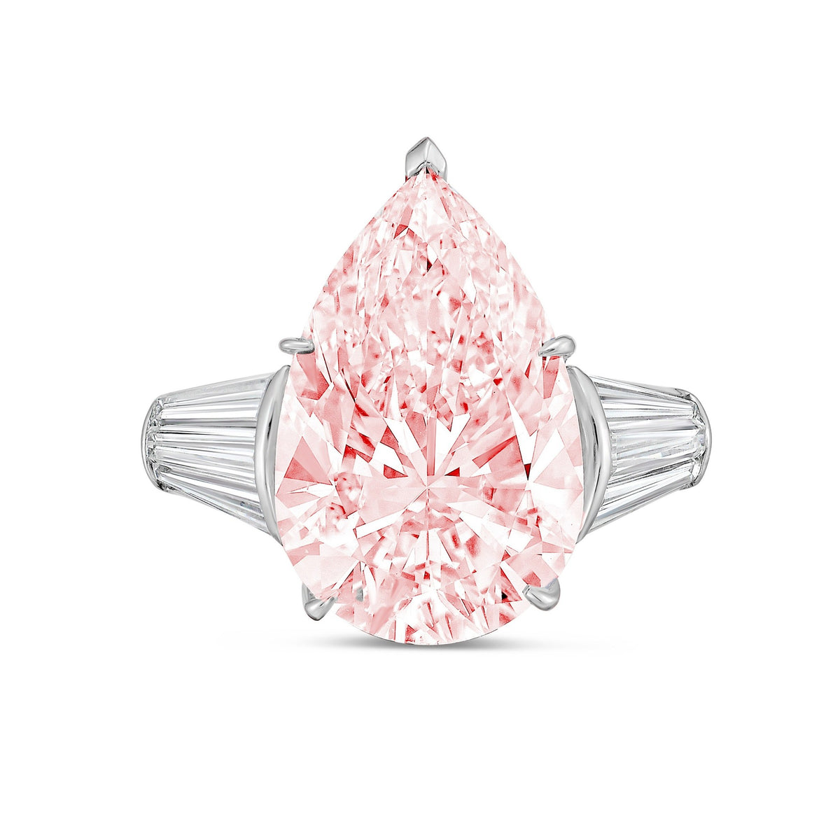 Lab-Grown Pink Pear Diamond Ring with Two Baguettes in 14K White Gold