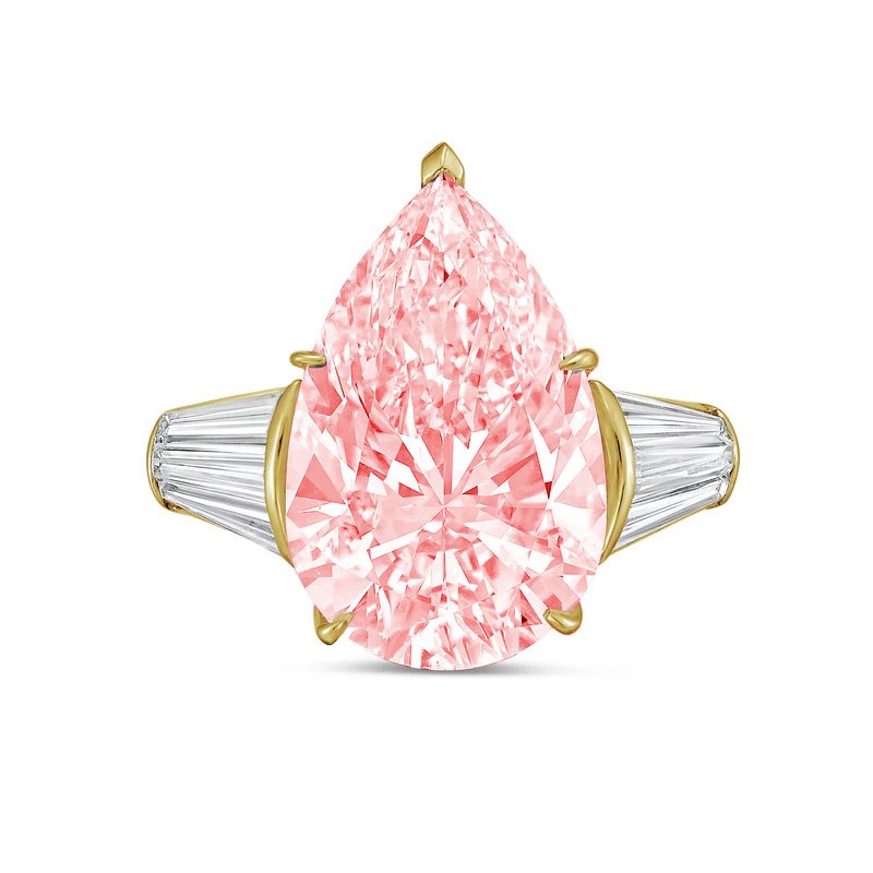 Lab-Grown Pink Pear Diamond Ring with Two Baguettes in 14K Yellow Gold